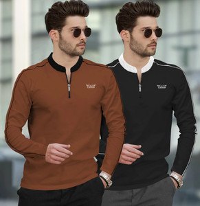 TRIPR Solid Men Mandarin Collar Multicolor T-Shirt