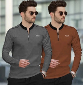 TRIPR Solid Men Mandarin Collar Grey, Brown T-Shirt