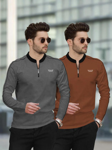 TRIPR Solid Men Mandarin Collar Grey, Brown T-Shirt