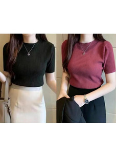 MENSIMPRESSION Striped Women Round Neck Black, Maroon T-Shirt