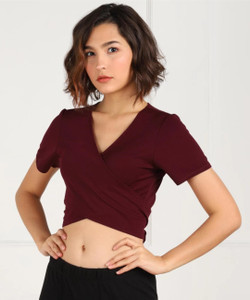Siamese Casual Solid Women Maroon Top