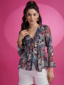 Sangria Casual Floral Print Women Blue Top