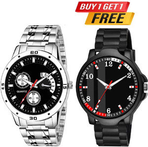 HC HARMI CREATIVE With Gift Trading PU Rubber Belt Watch Combo Pack OF 2 Analog Watch - For Men HC HARMI CRTEATIVE Buy 1 Get 1 free Analogue Black Dial Stainless Steel Chain Analog Watch - For Men