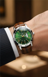 homt Luxury Fashion Working day-date leather belt smart analog watch for men Fashion Luxury Round Green dial leather belt Smart Analog Watch  - For Men