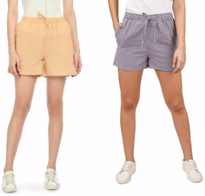 KLART Checkered Women Yellow, White Regular Shorts