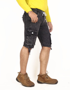 QFA Dyed/Washed Men Denim Black Cargo Shorts
