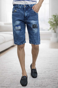 FNIGarments Dyed/Washed, Distressed Men Denim Blue Denim Shorts