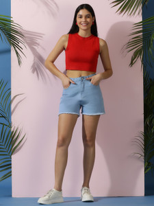 KOTTY Solid Women Light Blue Denim Shorts