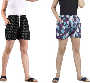 Hariyali Printed Women Black, Blue Hotpants