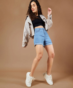 DOLCE CRUDO Solid Women Denim Blue Denim Shorts