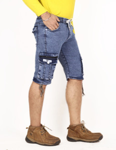 QFA Dyed/Washed Men Denim Light Blue Cargo Shorts
