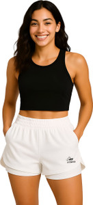 House Of Fusion Solid Women White Running Shorts, Gym Shorts, High Waist Shorts, Sports Shorts