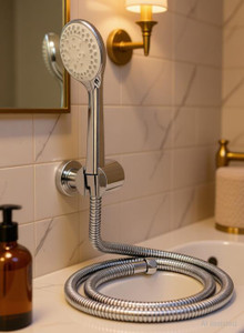 debaths ROUND HAND SHOWER 5 FLOW WITH 1.5MTR SS TUBE AND WALL MOUNTED HOOK Shower Head