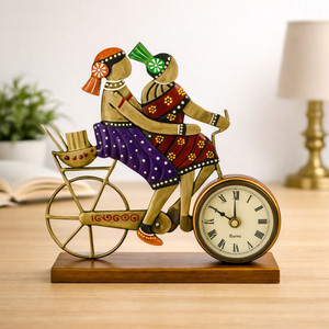 Desi Craft Decor Handcrafted Tribal Couple Bicycle Metal Table Clock for Home & Office Decor Decorative Showpiece  -  7.6 cm