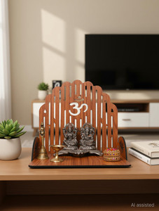 Gojeeva Premium Om Carved Pattern Devghar, Set-Top Box Stand Wooden Mandir Temple Decorative Showpiece - 25.4 cm