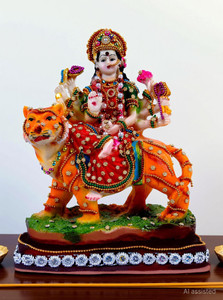 Hub N Art Maa Durga Idol Sherawali Mata Murti Statue for Pooja Room Mandir Navratri Temple Decorative Showpiece  -  21 cm