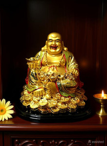 TIRALS Laughing Buddha Sitting on Luck Coins and Carrying Ingot potli , Happy Man for Good Luck, Wealth, Prosperity at Home, Office Decorative Showpiece Decorative Showpiece - 8 cm