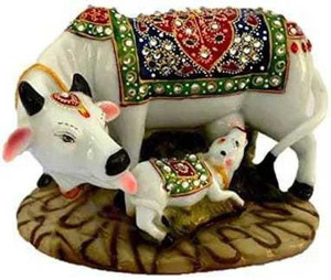 Vinjos Vastu Crafts kamdhenu Cow statue with calf Handi Craft Decorative Marble Decorative Showpiece  -  17 cm