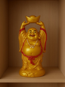 Mantika Golden Laughing Buddha Idol Holding Ingot for Home Decor Decorative Showpiece - 7 cm