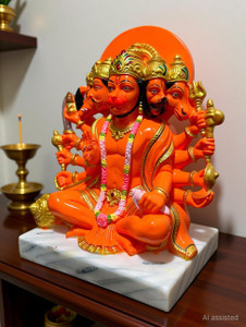 krishnagallery1 Orange panchmukhi Hanuman Ji Statue Murti Marble Finish , Hanuman Idol Decorative Showpiece  -  18 cm