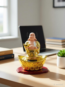 Shubhanjali Prmanchi PNOTED Solar Laughing Buddha Waving Fan & Moving Head for Feng Shui Decorative Showpiece  -  15 cm