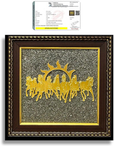Flaner 7 Horses On Raw Pyrite Frame, Pyrite for Money Making Peaceful Home, Quick Aura Decorative Showpiece  -  19 cm