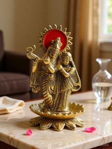 Rci Handicrafts Shri Radha Krishna Playing Fluet Lotus Idol Statue Show Piece for Pooja Home Decorative Showpiece  -  8 cm