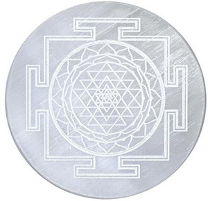 VIBESLE Selenite Crystal Charging Plate, 4 Inch Engraved Sri Yantra Cube Selenite Plate Decorative Showpiece  -  10 cm
