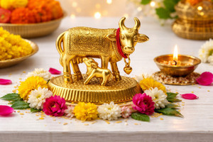Sawariya crafted Kamdhenu Cow & Calf Metal Idol – Gold Silver Finish Showpiece for Home & Temple Decorative Showpiece  -  5.5 cm