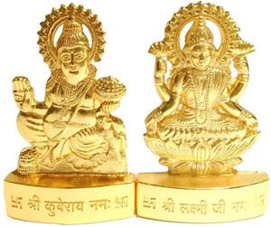 DealFry Metal Gold Plated Handicraft Lord Lakshmi & Kuber Brass Idol Statue, Holy Spiritual Showpiece Laxmi-Kuber for Car Dashboard & Pooja Ghar, Best for Gifting Decorative Showpiece  -  6 cm