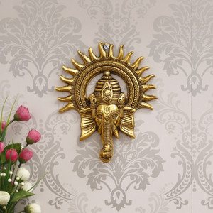 eCraftIndia Golden Lord Ganesha with Sun Decorative Metal Wall Hanging Decorative Showpiece  -  24 cm