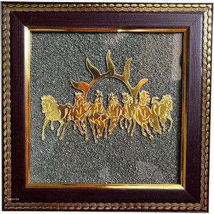 Agatesvibe Golden 7 Horses with Sun Natural Raw Pyrite Frame Decorative Showpiece  -  18.5 cm