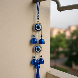 sculpmart Dual EvilEye Wind Chime Silver Frame & Hanging Chain Design For Door & Balcony डेकोरेटिव शोपीस  -  35 cm