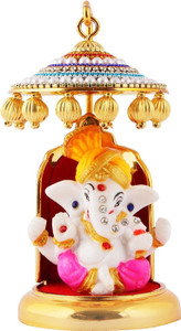 jagriti enterprise Ganesh Ji Idol Statue for Car Dashboard with gold Umbrella office /study/Room Decorative Showpiece  -  6 cm