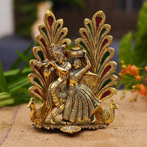 Chhariya Crafts Radha Krishna Idol Statue with Diya Peacock Design Decorative Showpiece - 20 cm