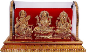 INTERNATIONAL GIFT Gold Plated Laxmi Ganesh Saraswati Idol In Acrylic Box | For Car Dashboard Decorative Showpiece  -  12 cm