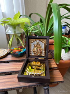 Averiq Gifts Golden Radha Krishna Idol with Charan Paduka Box Decorative Showpiece - 7.5 cm