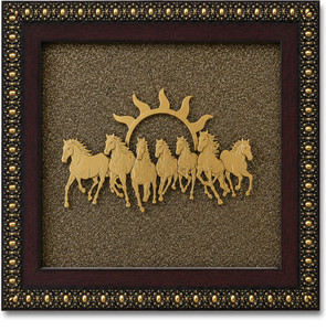jhar art and craft 7 Running Horses with Rising Sun on Raw Natural Pyrite Dust Vastu, Feng Shui Decorative Showpiece  -  19 cm