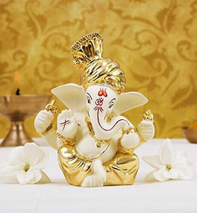shyam lalla handicraft Ganesha Idol (Real 24kt & 999 gold Plated) For Pooja Mandir and Car Dashboard Decorative Showpiece  -  7.5 cm