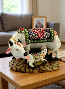 angora creations Decorative Marble dust/Polyresin Cow and Calf Big Statue | Spiritual Vastu Nandi Pooja Figurine Sculpture | Designer Stone Studded Gau MATA Animal Puja Idol Decorative Showpiece  -  7.62 cm