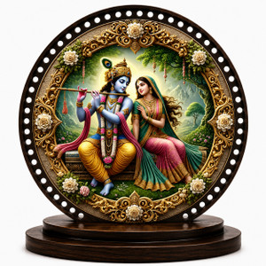 Shine Creation Shri Radha Krishna Wooden Table Decor | Premium Round MDF Krishna Decorative Showpiece - 10 cm
