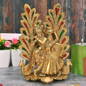 Koolwal craft Radha Krishna Idol Statue with Diya Peacock Design Decorative Showpiece Decorative Showpiece  -  20 cm