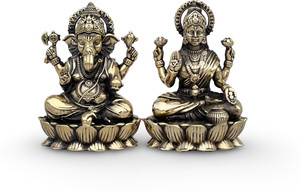 VIYURA Brass Lakshmi Ganesha Idol Set | 2.75 Inch | Antique Finish Lotus Base Home Decorative Showpiece  -  6.8 cm