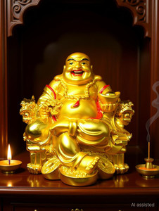 FOBHIYA Fengshui Laughing Buddha Sitting On Chair Ingot, Sitting Laughing Buddha with Money Coin Statue for Attracting Money Wealth Prosperity Financial Luck, Made in India Best for Gifting Decorative Showpiece  -  7 cm