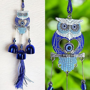 Mata Rani Enterprises Lucky Owl Metal Evil Eye Wind Chimes for Home Positive Energy Decorative Showpiece  -  38 cm