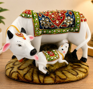 Rjkart kamdhenu Cow and Calf Idol for decor , pooja , gift Decorative Showpiece  -  7.63 cm