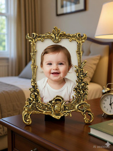 SILVERPEACOCK Vintage Decorative Photo Frame, Handcrafted Antique Gold Metal Design, Table Decorative Showpiece  -  21 cm