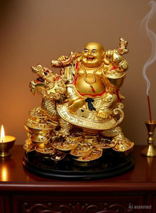 GiftnGlory Vastu/Feng Shui Laughing Buddha on Dragon Decorative Showpiece - 17.5 cm