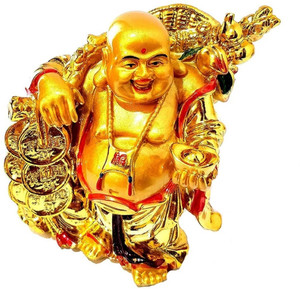 FOBHIYA Exclusive Feng Shui Standing Laughing Buddha Decorative Statue, Standing On Money Bag Laughing Buddha Showpiece for Health, Wealth & Prosperity, Made in India Best for Gifting Decorative Showpiece  -  8.5 cm