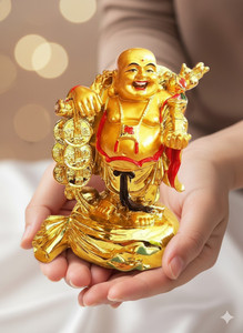 Money Laughing Buddha Laughing Buddha Standing on Money Bag with Gold Ingot – Symbol of Good luck Decorative Showpiece - 9 cm